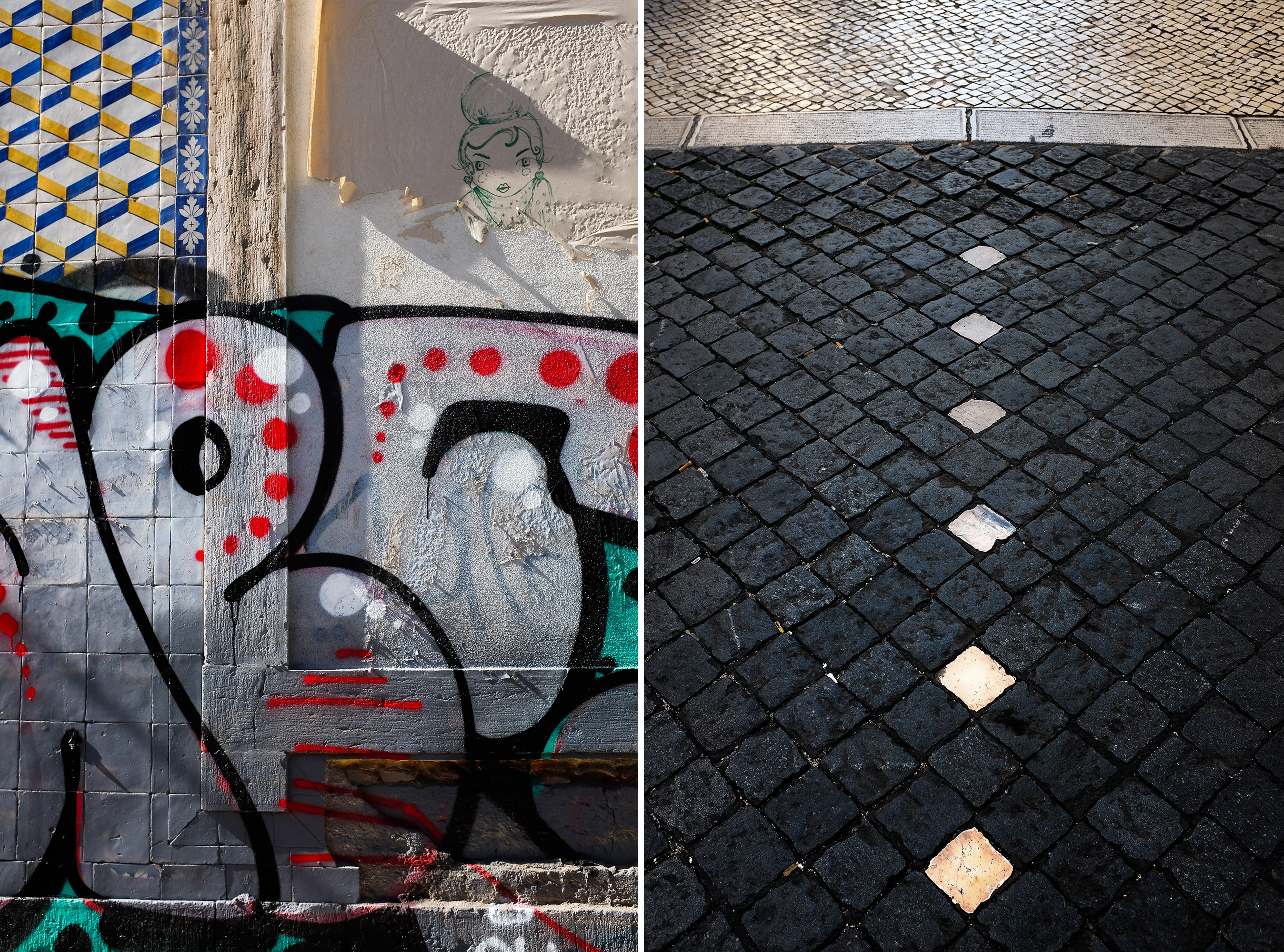 Diptych of Lisbon graffitti in portuguese tiles together with the downtown Lisbon ground