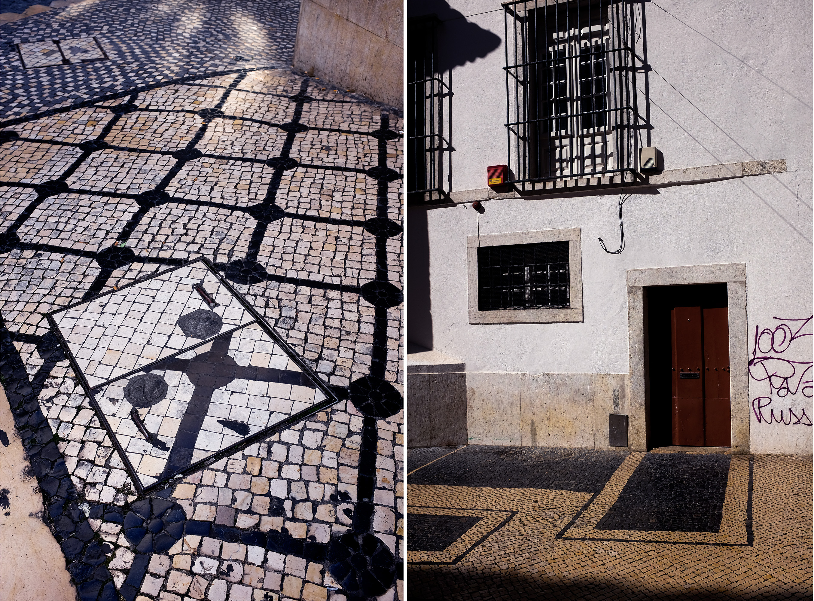 Diptych of a messed up sidewalk diagonal grid and the door detail of a church in "Martim Moniz" where the frontage is entirely rendered on the ground sidewalk