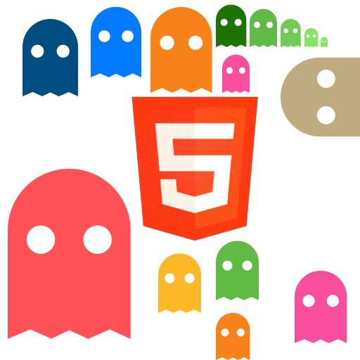 The HTML5 badge in the middle of a lot of colored PacMan ghosts.