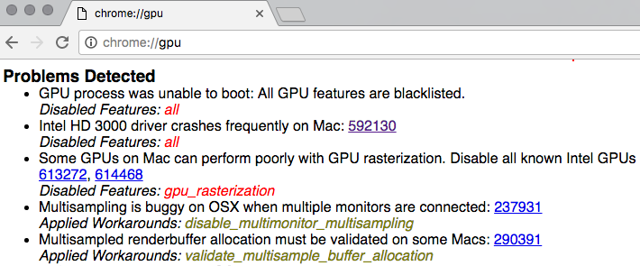 Screenshot of the chrome://gpu page list of problems. Currently chrome does not support WebGL in Intel HD3000 cards on OSX.