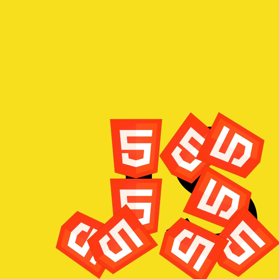 The yellow JavaScript logo, with HTML5 badges masking the letters J and S