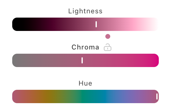 The Lightness, Chroma and Hue sliders, with the chroma lock and the perfect-lightness dot
