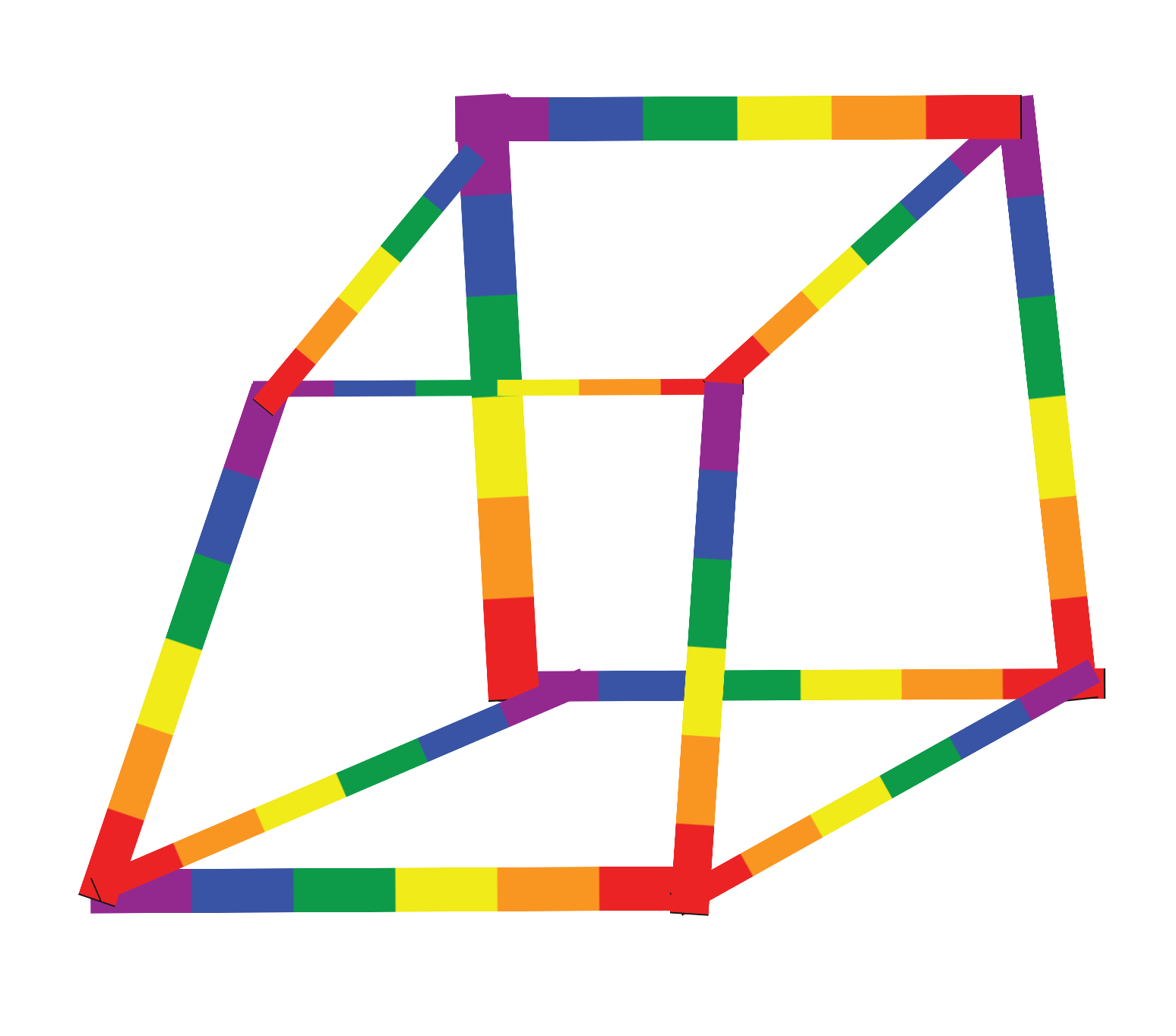 A cube defined by its edges, each edge is a rainbow