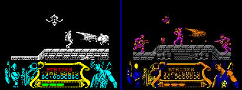 The game "Strider" in Spectrum(left) and in the Amstrad CPC(right)